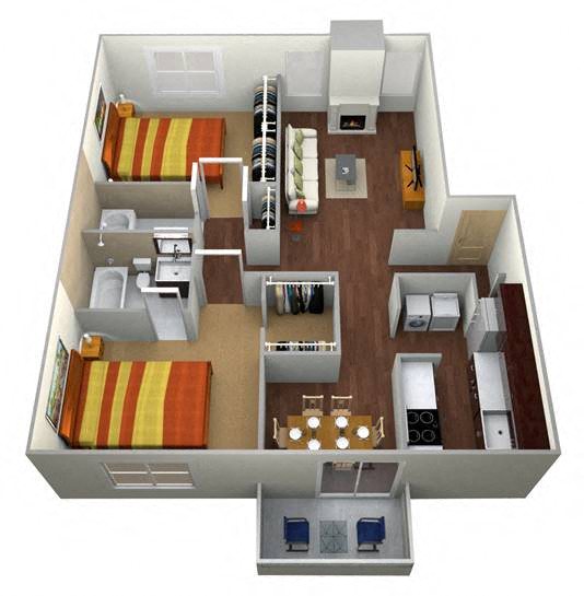 Floor plan for 2 beds, 2 baths, 1067 sqft
